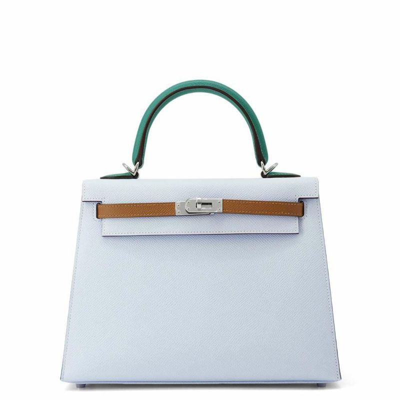エルメス ケリー25 外縫い トリコロール ブルーブリュム/ゴールド/ヴェールジェイド/シルバー金具 エプソン U刻印