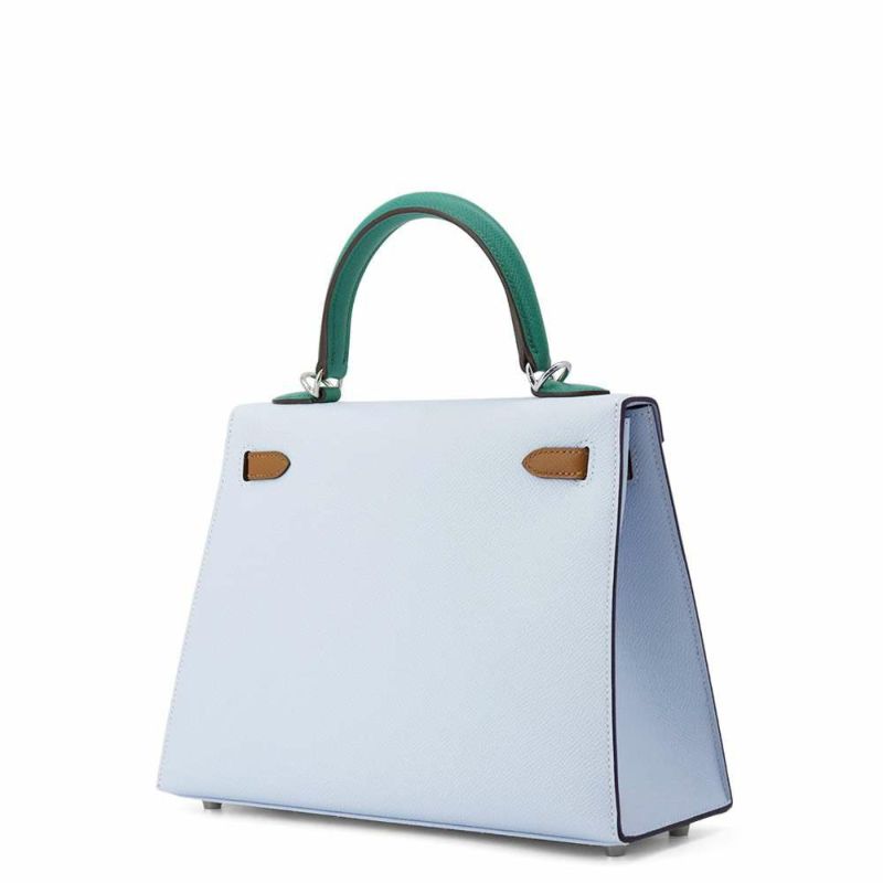 エルメス ケリー25 外縫い トリコロール ブルーブリュム/ゴールド/ヴェールジェイド/シルバー金具 エプソン U刻印