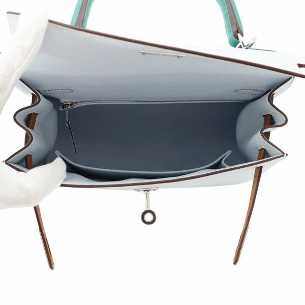 エルメス ケリー25 外縫い トリコロール ブルーブリュム/ゴールド/ヴェールジェイド/シルバー金具 エプソン U刻印