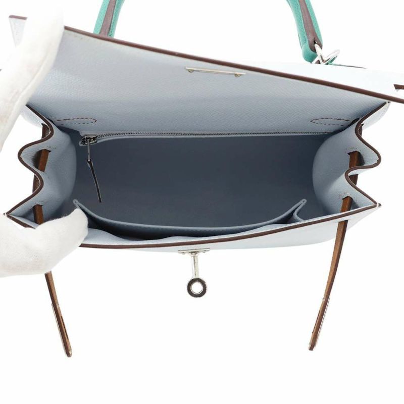 エルメス ケリー25 外縫い トリコロール ブルーブリュム/ゴールド/ヴェールジェイド/シルバー金具 エプソン U刻印