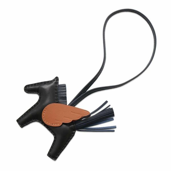 エルメス バッグチャーム ロデオPM ペガサス ブラック/ブルーニュイ/ゴールド ラムスキン W刻印 黒