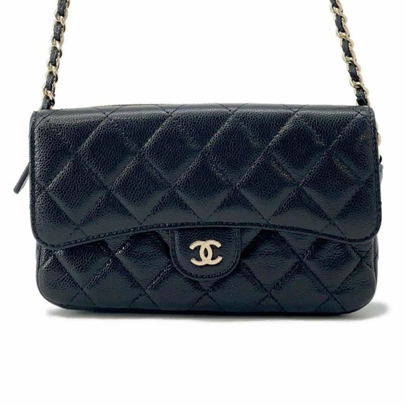シャネル チェーンショルダーバッグ フラップ フォンケース マトラッセ ココマーク キャビアスキン AP2096 CHANEL ポシェット 黒
