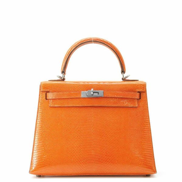 エルメス ハンドバッグ ケリー25 外縫い オレンジ/ルテニウム金具 リザード □J刻印 HERMES 2wayショルダー