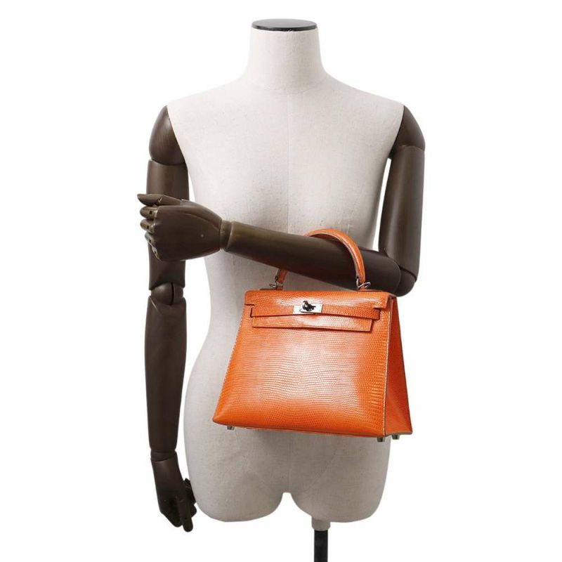 エルメス ハンドバッグ ケリー25 外縫い オレンジ/ルテニウム金具 リザード □J刻印 HERMES 2wayショルダー