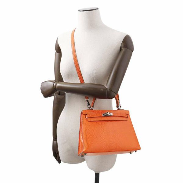 エルメス ハンドバッグ ケリー25 外縫い オレンジ/ルテニウム金具 リザード □J刻印 HERMES 2wayショルダー