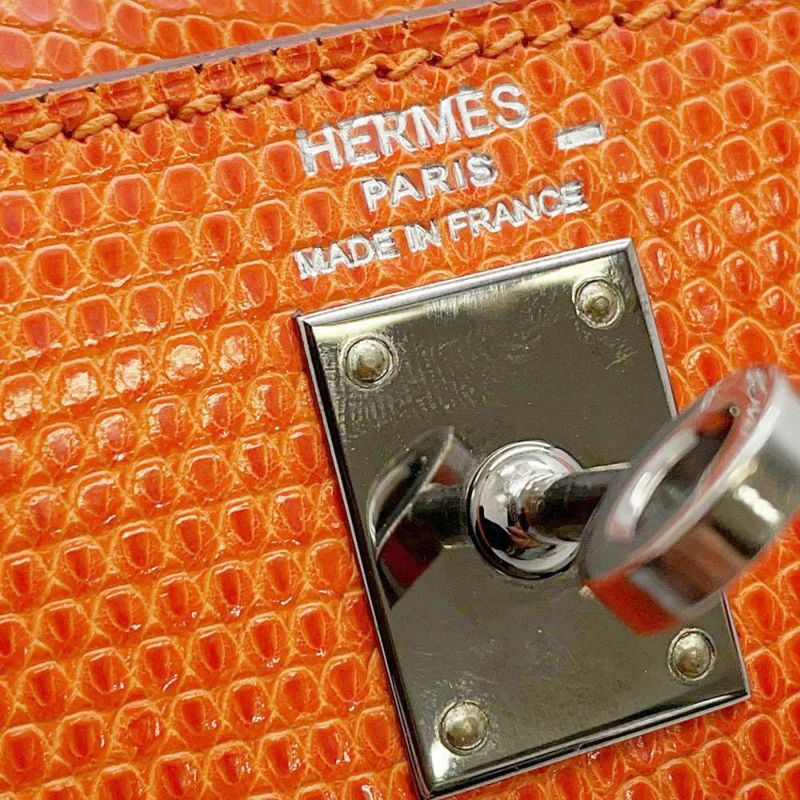 エルメス ハンドバッグ ケリー25 外縫い オレンジ/ルテニウム金具 リザード □J刻印 HERMES 2wayショルダー
