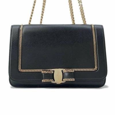 フェラガモ チェーンショルダーバッグ ヴァラ リボン レザー Ferragamo 2wayバッグ 黒 安心保証