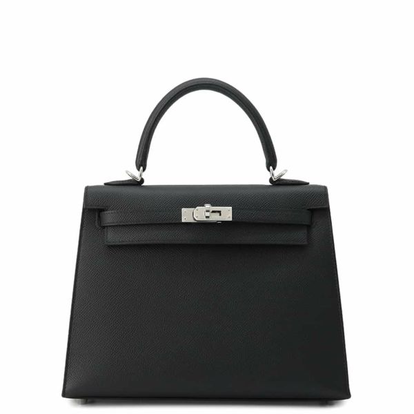 エルメス ハンドバッグ ケリー25 外縫い ブラック/シルバー金具 エプソン U刻印 2wayショルダー 黒