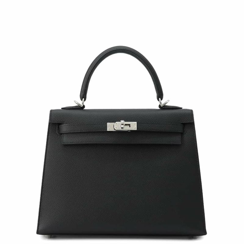 エルメス ハンドバッグ ケリー25 外縫い ブラック/シルバー金具 エプソン U刻印 2wayショルダー 黒
