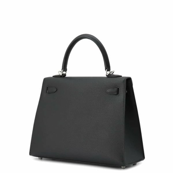 エルメス ハンドバッグ ケリー25 外縫い ブラック/シルバー金具 エプソン U刻印 2wayショルダー 黒