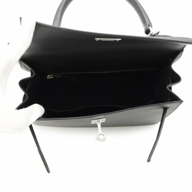 エルメス ハンドバッグ ケリー25 外縫い ブラック/シルバー金具 エプソン U刻印 2wayショルダー 黒