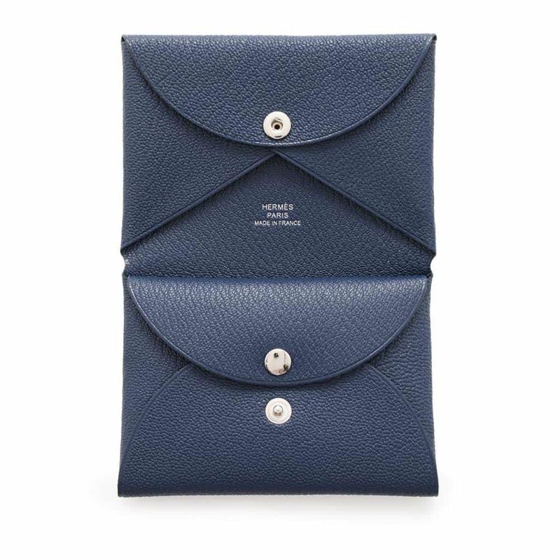 エルメス コインケース カルヴィ デュオ ネイビーブルー/シルバー金具 シェブルミゾル W刻印 シェーブル