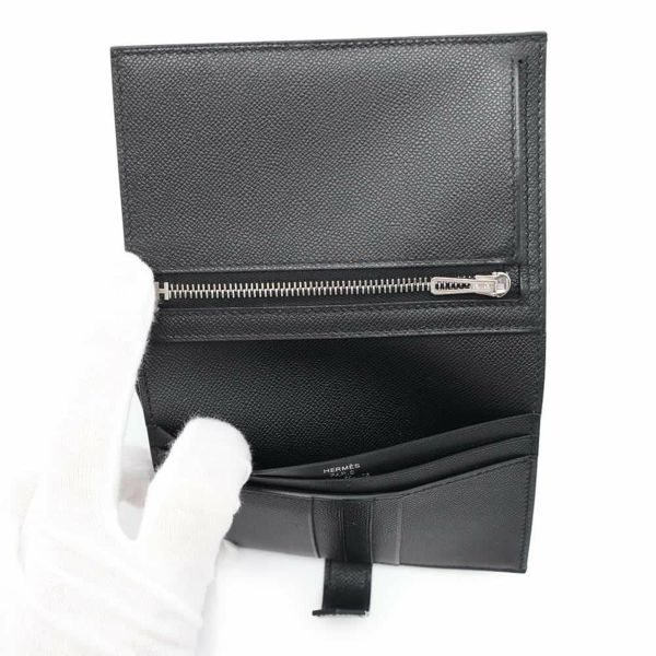 エルメス 二つ折り財布 ベアンコンパクト ブラック/シルバー金具 ヴォーマダム W刻印 黒