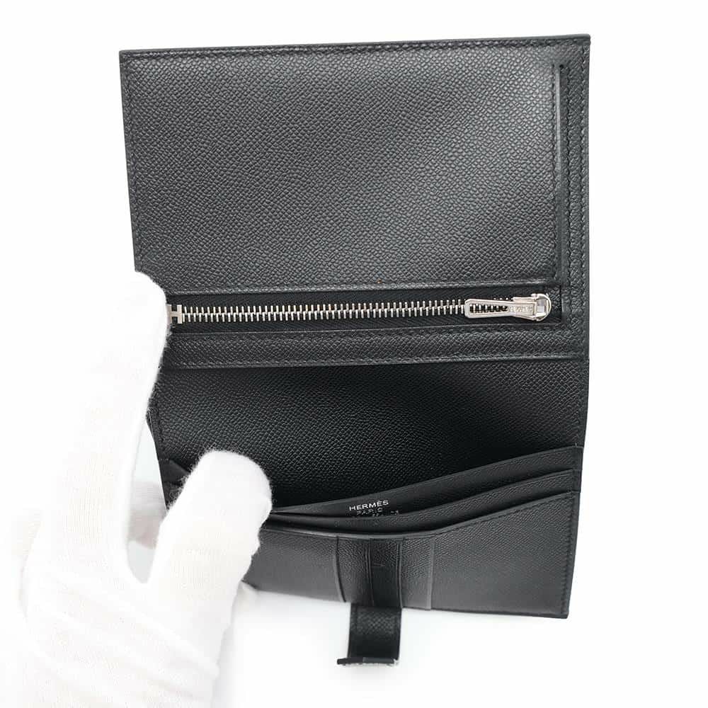 エルメス 二つ折り財布 ベアンコンパクト ブラック/シルバー金具 ヴォーマダム W刻印 黒