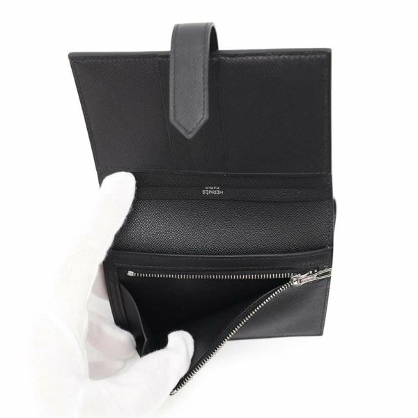 エルメス 二つ折り財布 ベアンコンパクト ブラック/シルバー金具 ヴォーマダム W刻印 黒