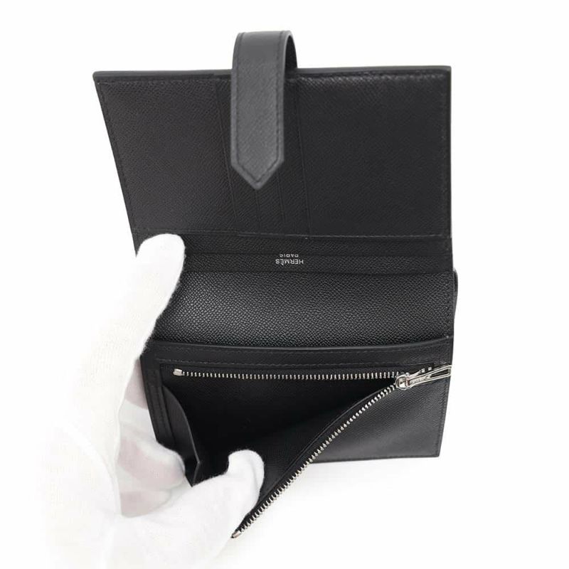 エルメス 二つ折り財布 ベアンコンパクト ブラック/シルバー金具 ヴォーマダム W刻印 黒