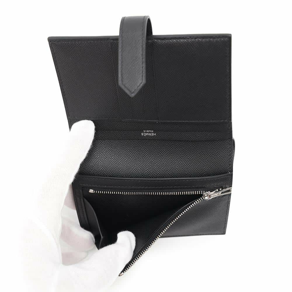 エルメス 二つ折り財布 ベアンコンパクト ブラック/シルバー金具 ヴォーマダム W刻印 黒