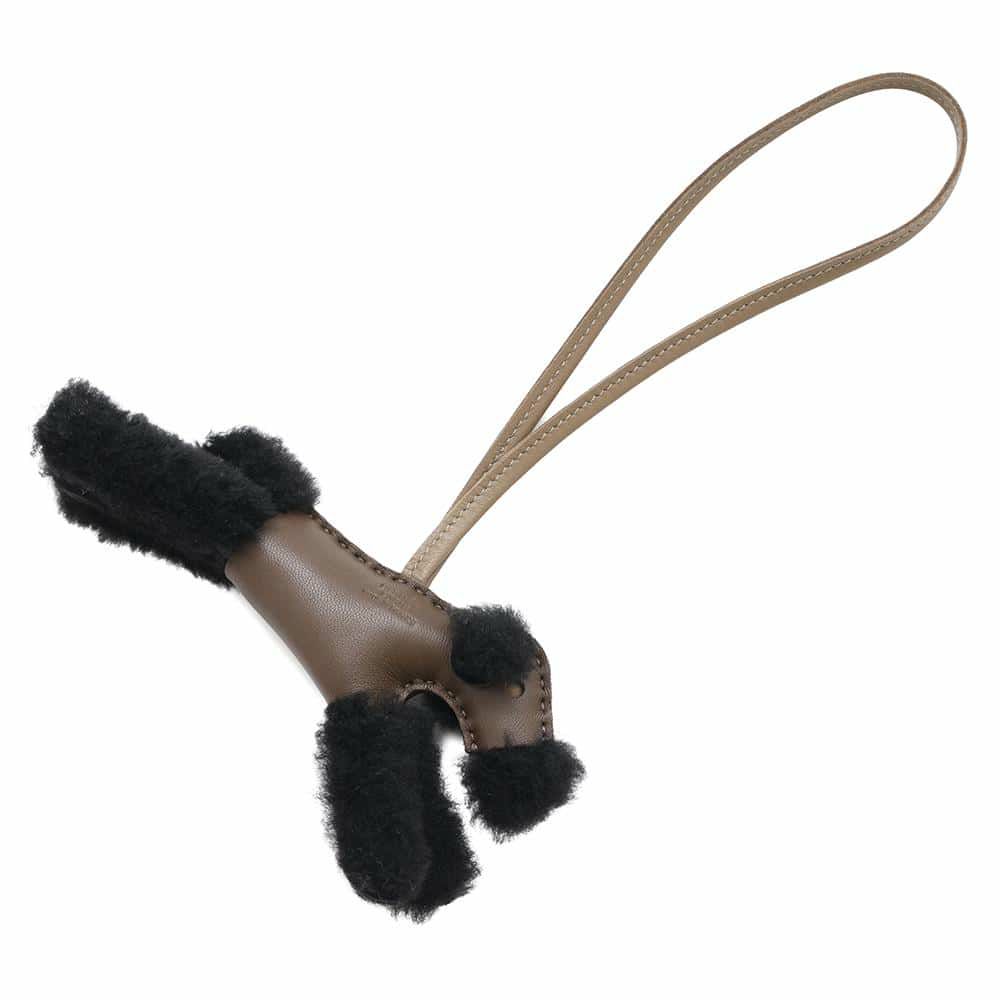 エルメス バッグチャーム バディ ショコラ/ブラック/エトゥープ ラムスキン/ムートン W刻印 HERMES 犬 黒