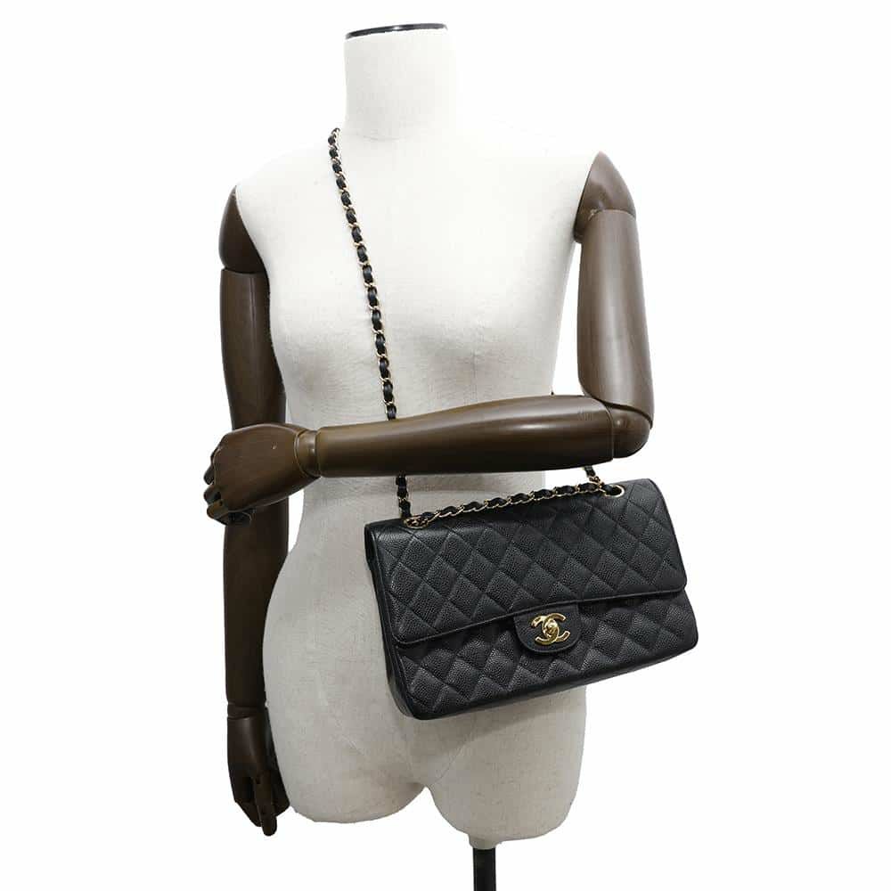 シャネル チェーンショルダーバッグ マトラッセ25 ココマーク キャビアスキン ダブルチェーン A01112 CHANEL 黒