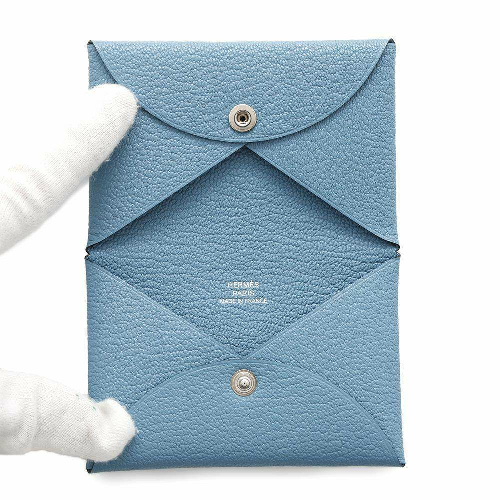 エルメス カードケース カルヴィ ブルージーン/シルバー金具 シェブルミゾル W刻印 シェーブル