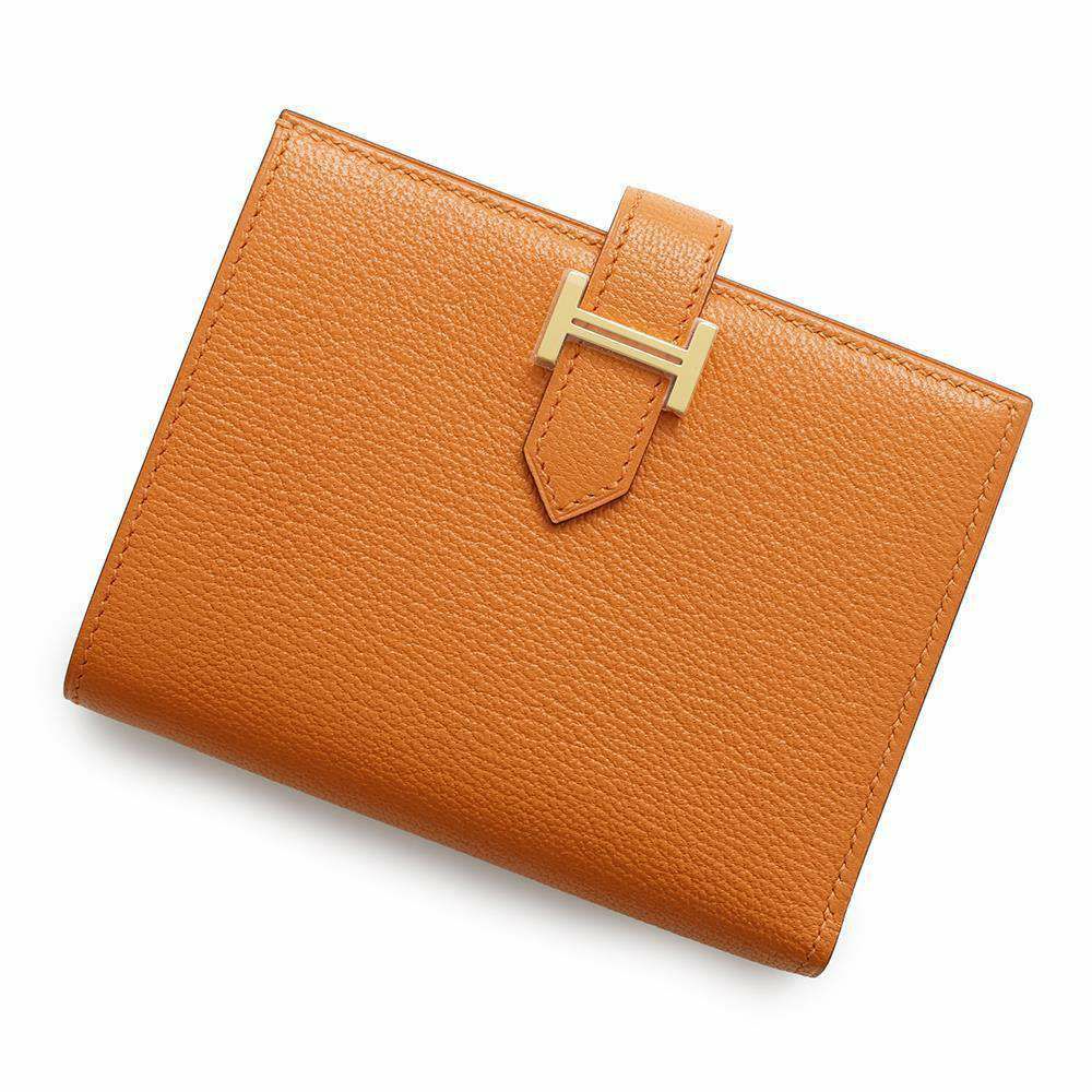 エルメス 二つ折り財布 ベアンコンパクト オレンジ/ゴールド金具 シェブルミゾル W刻印 財布 シェーブル