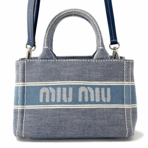ミュウミュウ トートバッグ ジャガード ロゴ  デニム 5BA253 Miu Miu ハンド ショルダーバッグ 白