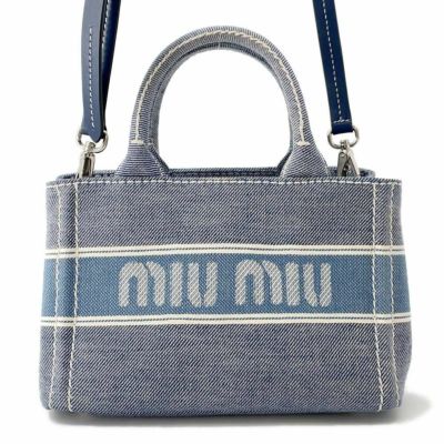 ミュウミュウ トートバッグ ジャガード ロゴ  デニム 5BA253 Miu Miu ハンド ショルダーバッグ 白 安心保証