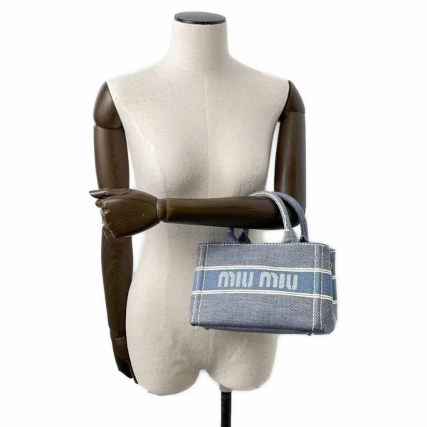 ミュウミュウ トートバッグ ジャガード ロゴ  デニム 5BA253 Miu Miu ハンド ショルダーバッグ 白