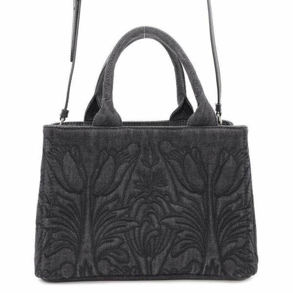 プラダ トートバッグ カナパ フラワーモチーフ 花 デニム PRADA 2wayショルダーバッグ 黒