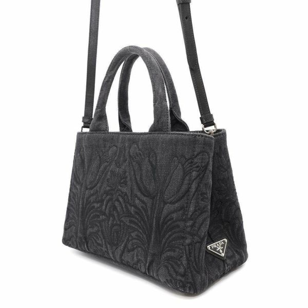 プラダ トートバッグ カナパ フラワーモチーフ 花 デニム PRADA 2wayショルダーバッグ 黒