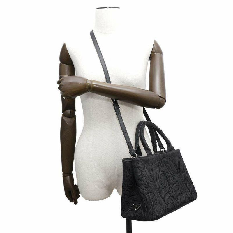 プラダ トートバッグ カナパ フラワーモチーフ 花 デニム PRADA 2wayショルダーバッグ 黒