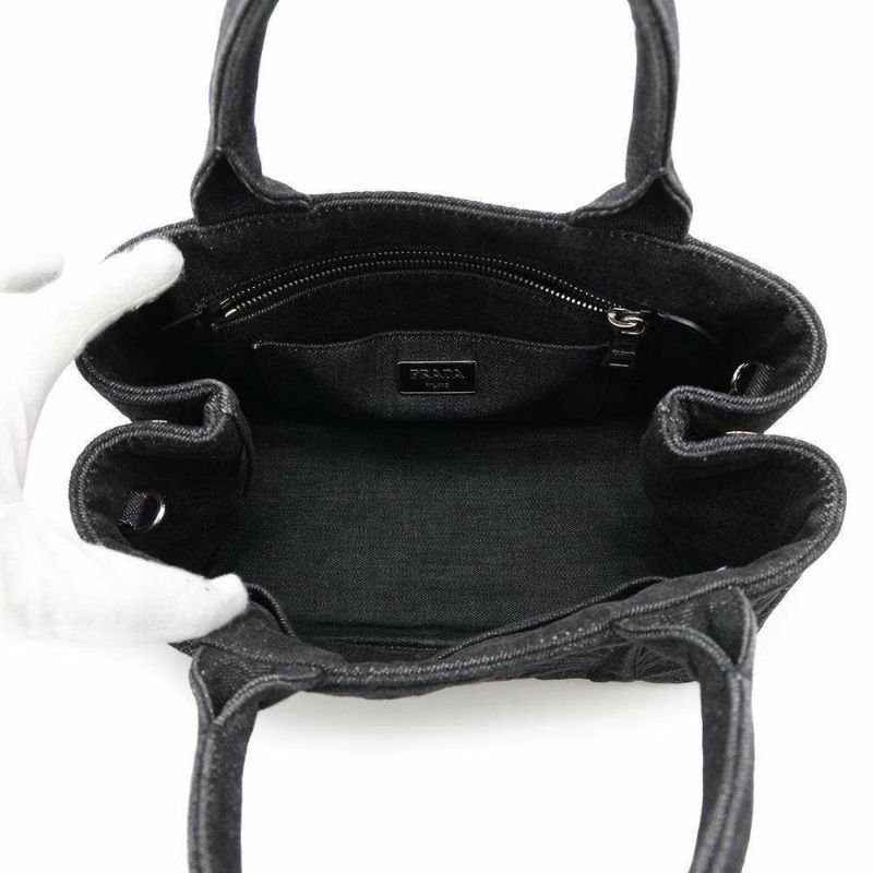 プラダ トートバッグ カナパ フラワーモチーフ 花 デニム PRADA 2wayショルダーバッグ 黒