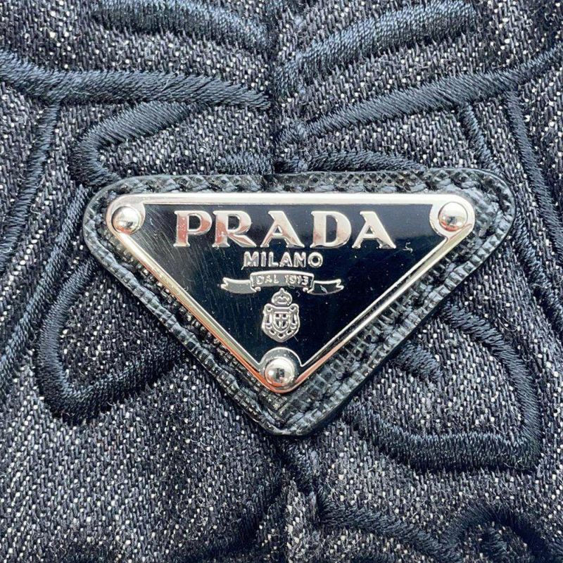 プラダ トートバッグ カナパ フラワーモチーフ 花 デニム PRADA 2wayショルダーバッグ 黒