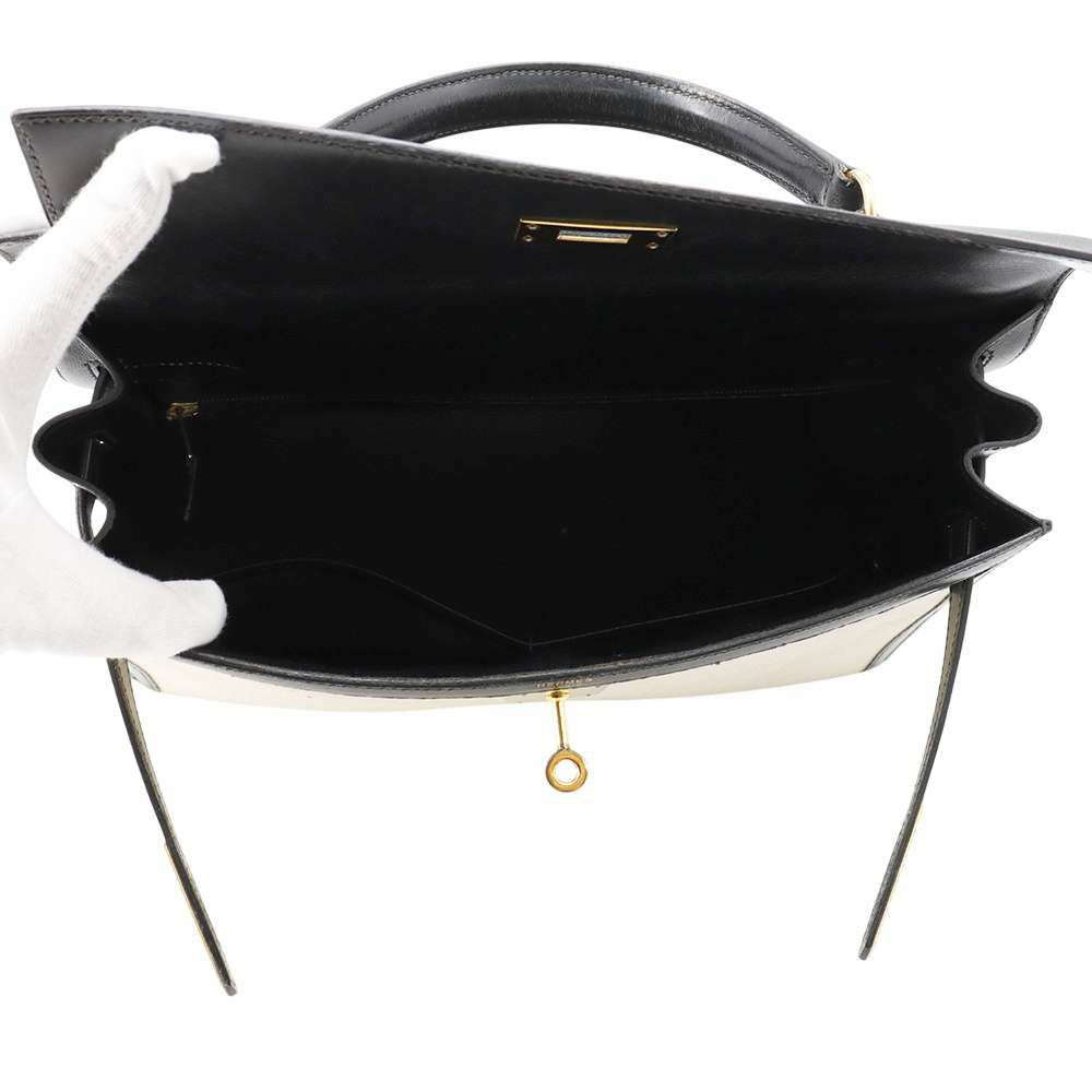 エルメス ハンドバッグ ケリー32 外縫い ナチュラル/ブラック/ゴールド金具 トワルアッシュ/ボックスカーフ 〇Z刻印 黒