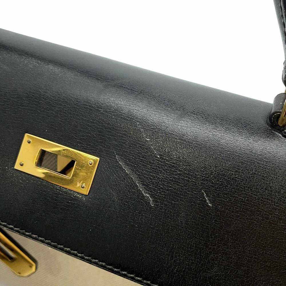 エルメス ハンドバッグ ケリー32 外縫い ナチュラル/ブラック/ゴールド金具 トワルアッシュ/ボックスカーフ 〇Z刻印 黒