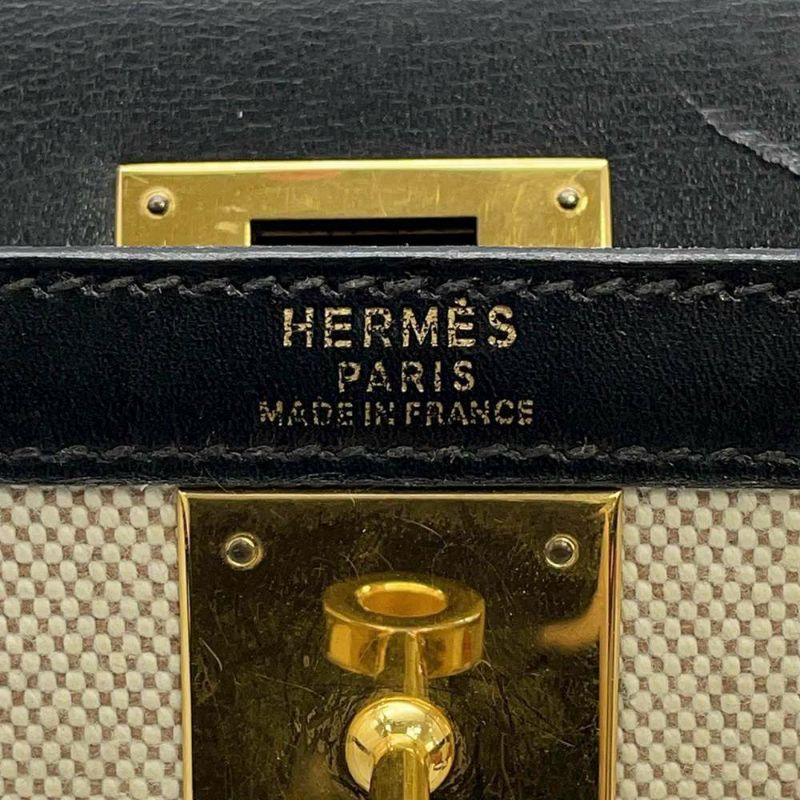 エルメス ハンドバッグ ケリー32 外縫い ナチュラル/ブラック/ゴールド金具 トワルアッシュ/ボックスカーフ 〇Z刻印 黒