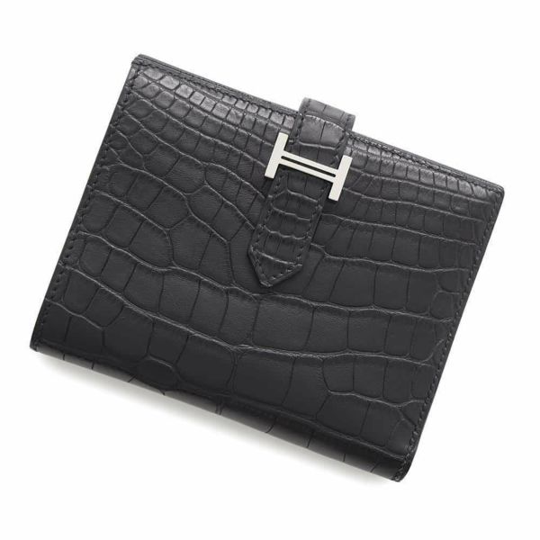エルメス 二つ折り財布 ベアンコンパクト ブラック/シルバー金具 アリゲーターマット B刻印 HERMES 財布 黒