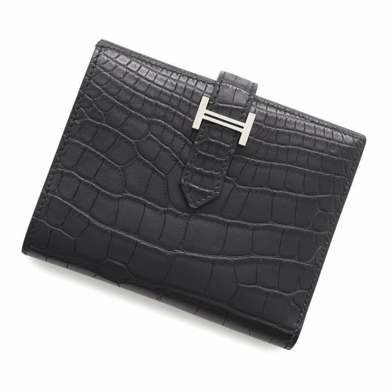 エルメス 二つ折り財布 ベアンコンパクト ブラック/シルバー金具 アリゲーターマット B刻印 HERMES 財布 黒