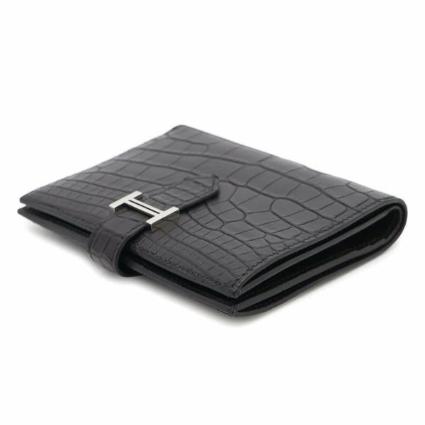 エルメス 二つ折り財布 ベアンコンパクト ブラック/シルバー金具 アリゲーターマット B刻印 HERMES 財布 黒