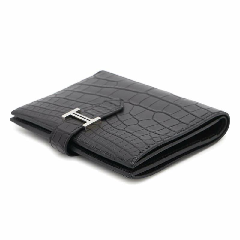 エルメス 二つ折り財布 ベアンコンパクト ブラック/シルバー金具 アリゲーターマット B刻印 HERMES 財布 黒
