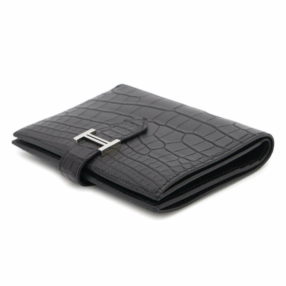 エルメス 二つ折り財布 ベアンコンパクト ブラック/シルバー金具 アリゲーターマット B刻印 HERMES 財布 黒