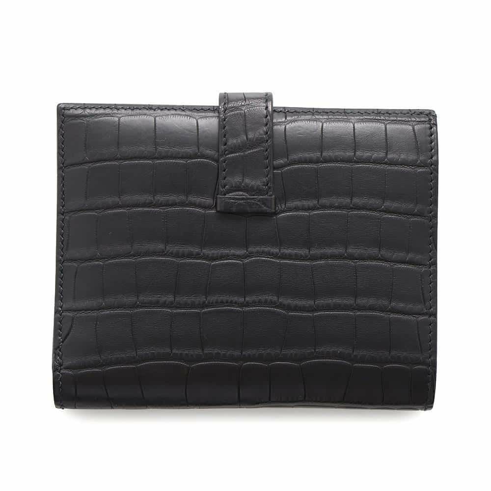 エルメス 二つ折り財布 ベアンコンパクト ブラック/シルバー金具 アリゲーターマット B刻印 HERMES 財布 黒