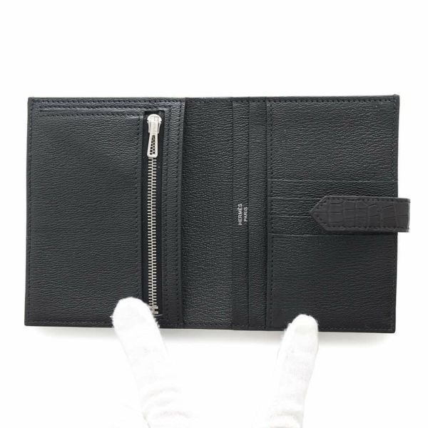 エルメス 二つ折り財布 ベアンコンパクト ブラック/シルバー金具 アリゲーターマット B刻印 HERMES 財布 黒