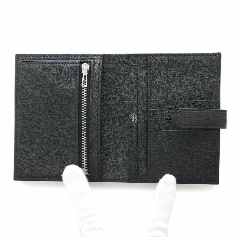 エルメス 二つ折り財布 ベアンコンパクト ブラック/シルバー金具 アリゲーターマット B刻印 HERMES 財布 黒