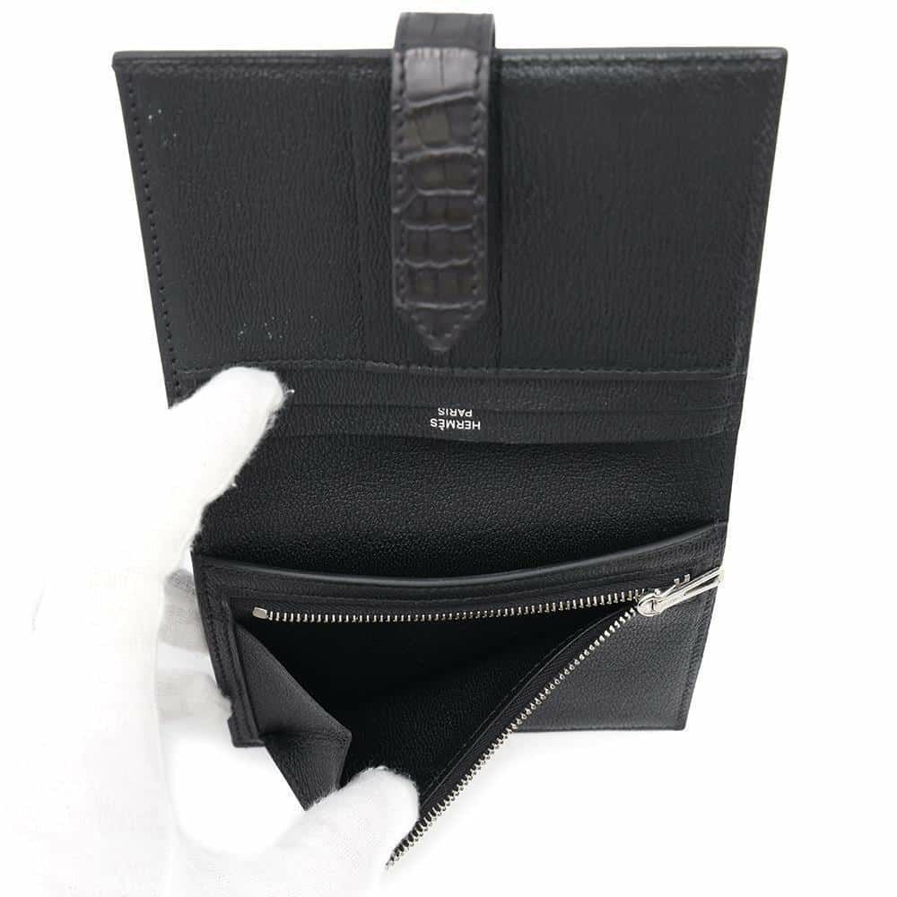 エルメス 二つ折り財布 ベアンコンパクト ブラック/シルバー金具 アリゲーターマット B刻印 HERMES 財布 黒