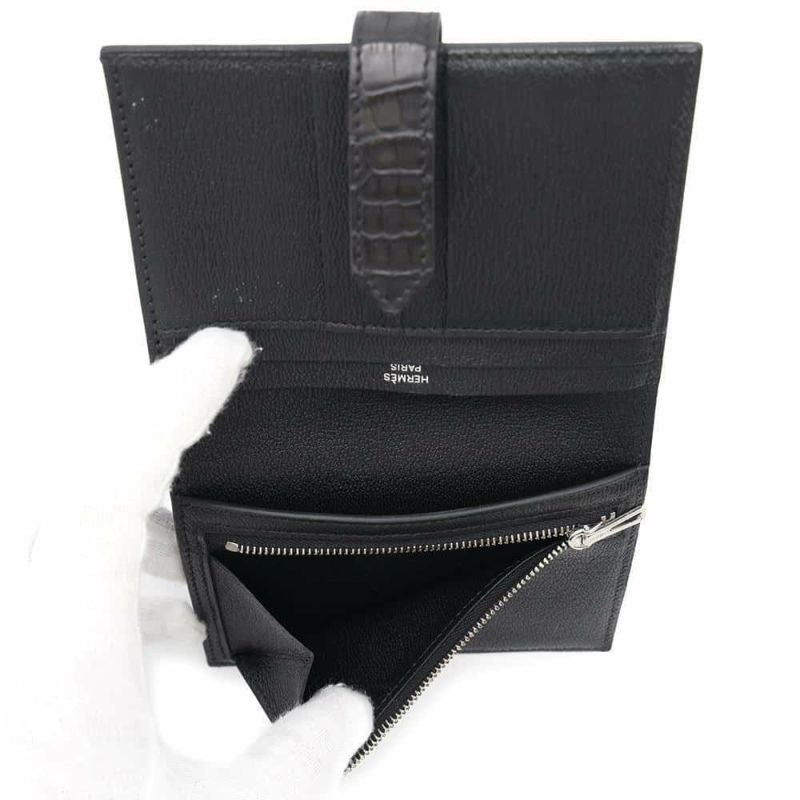 エルメス 二つ折り財布 ベアンコンパクト ブラック/シルバー金具 アリゲーターマット B刻印 HERMES 財布 黒