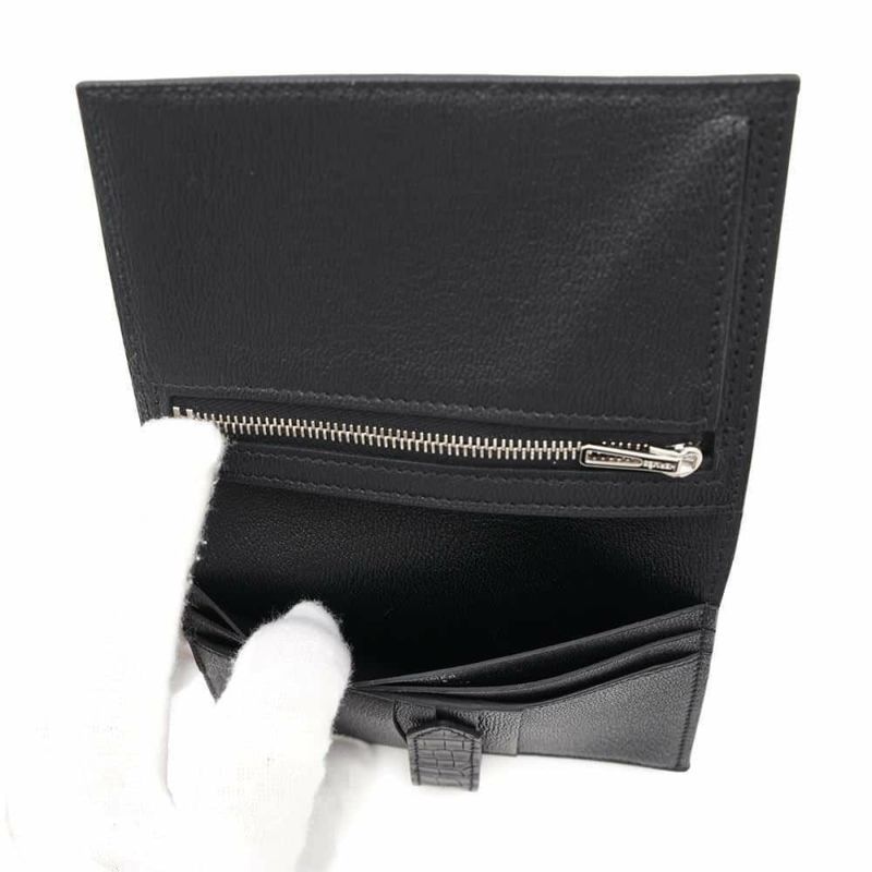 エルメス 二つ折り財布 ベアンコンパクト ブラック/シルバー金具 アリゲーターマット B刻印 HERMES 財布 黒