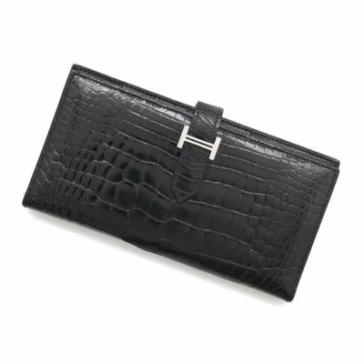 エルメス 長財布 ベアンスフレ ブラック/シルバー金具 アリゲーターシャイン □Q刻印 HERMES 財布 黒 安心保証