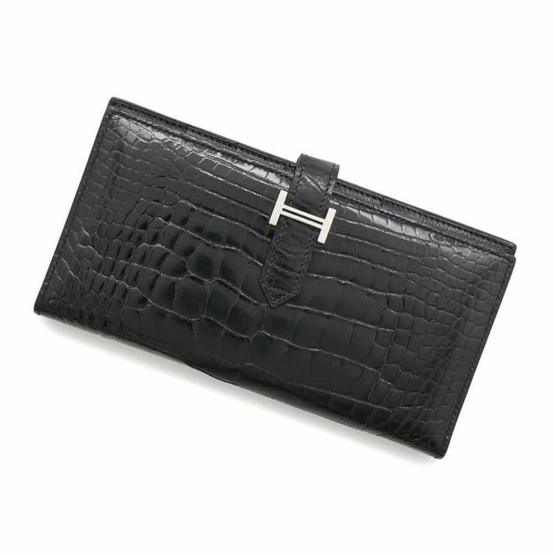 エルメス 長財布 ベアンスフレ ブラック/シルバー金具 アリゲーターシャイン □Q刻印 HERMES 財布 黒