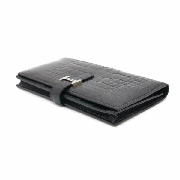 エルメス 長財布 ベアンスフレ ブラック/シルバー金具 アリゲーターシャイン □Q刻印 HERMES 財布 黒